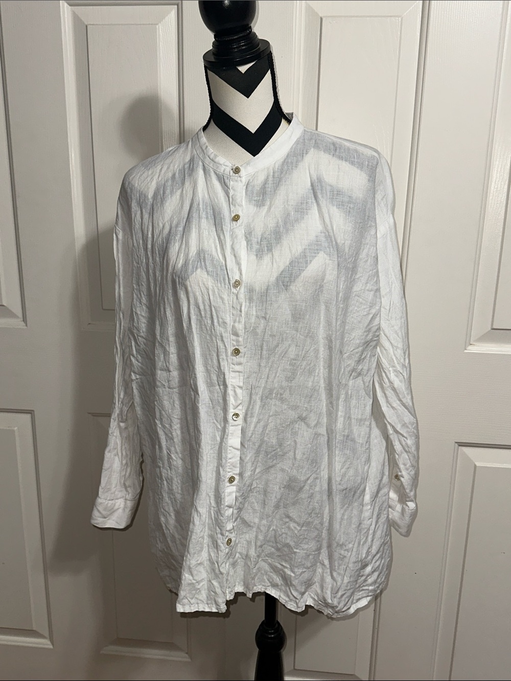 Eileen Fisher White Linen Band-Collar Button Down Shirt